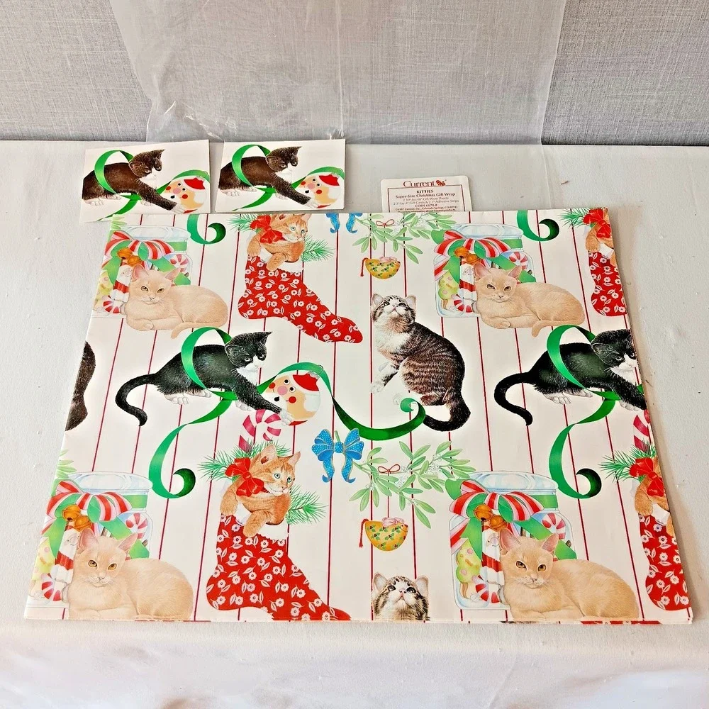 Current‎ Kitties Super Size Christmas Gift Wrap 1987 Vintage 30x48 Sheet 2 Cards